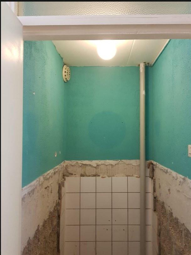 Toilet voor de verbouwing, met oud spuitwerk en uitgehakte wanden boven het tegelwerk